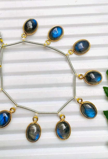 Natural Labradorite Smooth Oval Gemstone Bezel Connector - Gold Plated 10 Pcs