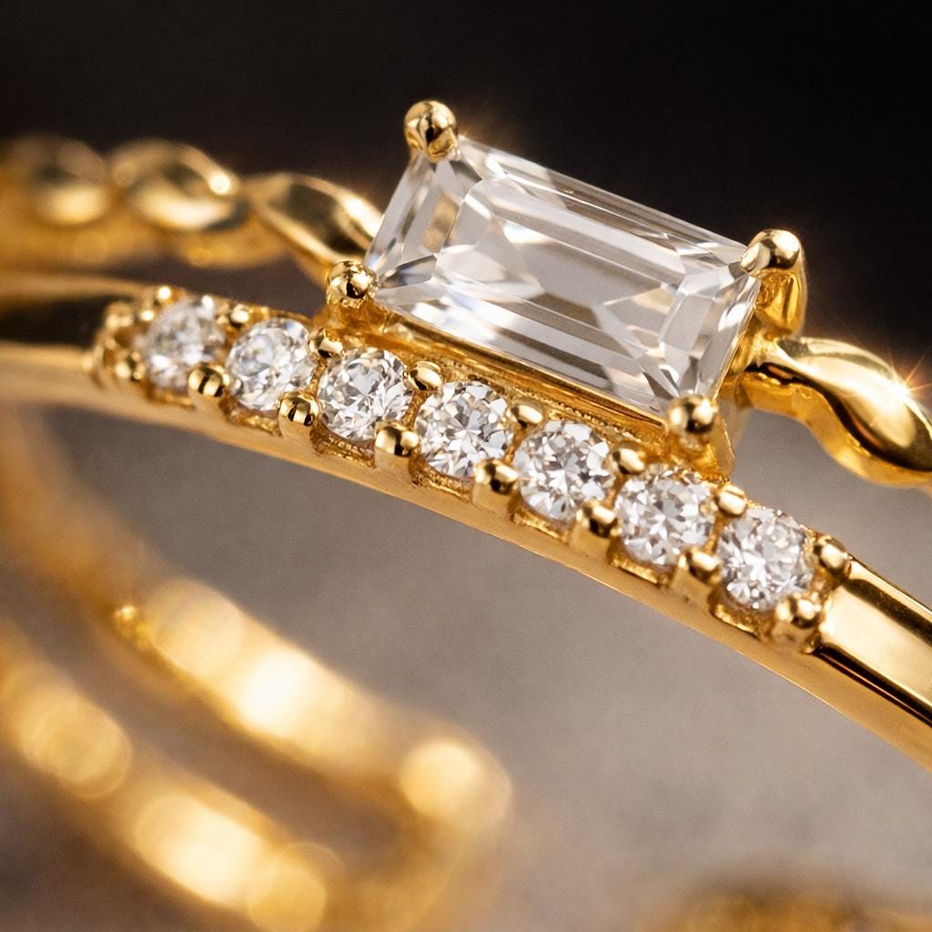 Moissanite CZ Statement Band Ring in 925 Silver Gold Plated