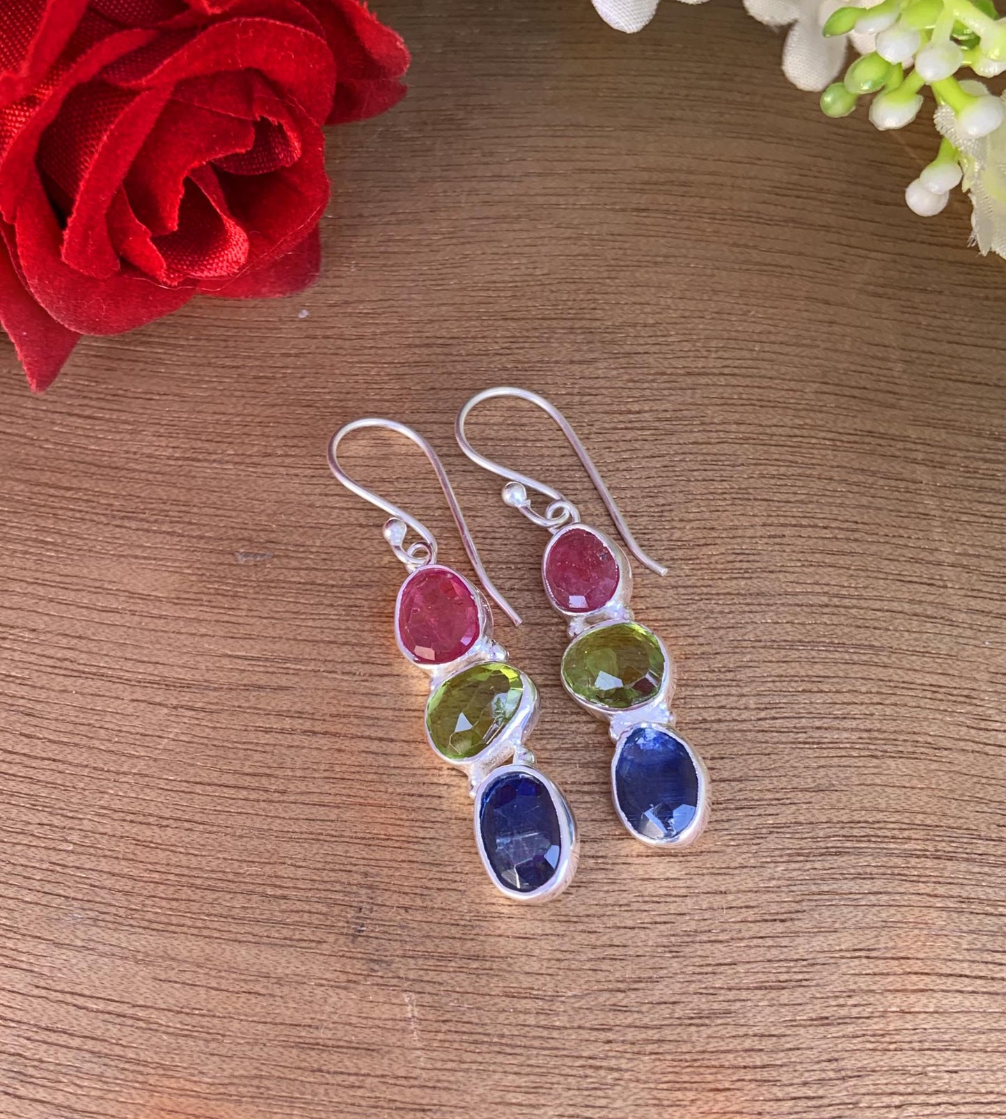 Rosecut Ruby, Peridot and kyanite combination silver Earrings ~ Birthstone Earrings ~ Birthday Gift For Her ~ Handmade Silver Jewelry ~ E-45
