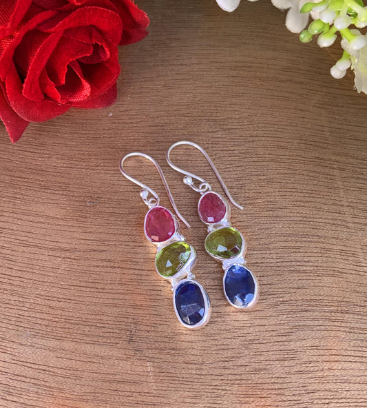 Rosecut Ruby, Peridot and kyanite combination silver Earrings ~ Birthstone Earrings ~ Birthday Gift For Her ~ Handmade Silver Jewelry ~ E-45