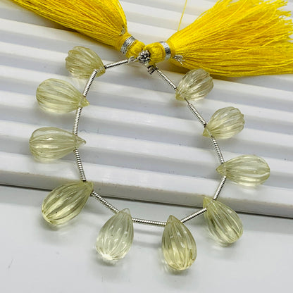 10 Pieces Natural Lemon Quartz Carved Drops Briolette Bead Size 14x8mm to 13x8mm Natural Lemon Quartz Faceted Gemstone Tear drop for Jewelry