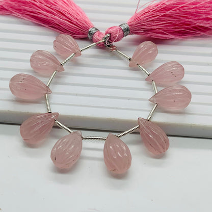 10 Pieces Natural Rose Quartz Carved Drops Briolette Beads Size 14x8mm to 13x8mm Natural Rose Quartz Faceted Gemstone Tear drops for Jewelry