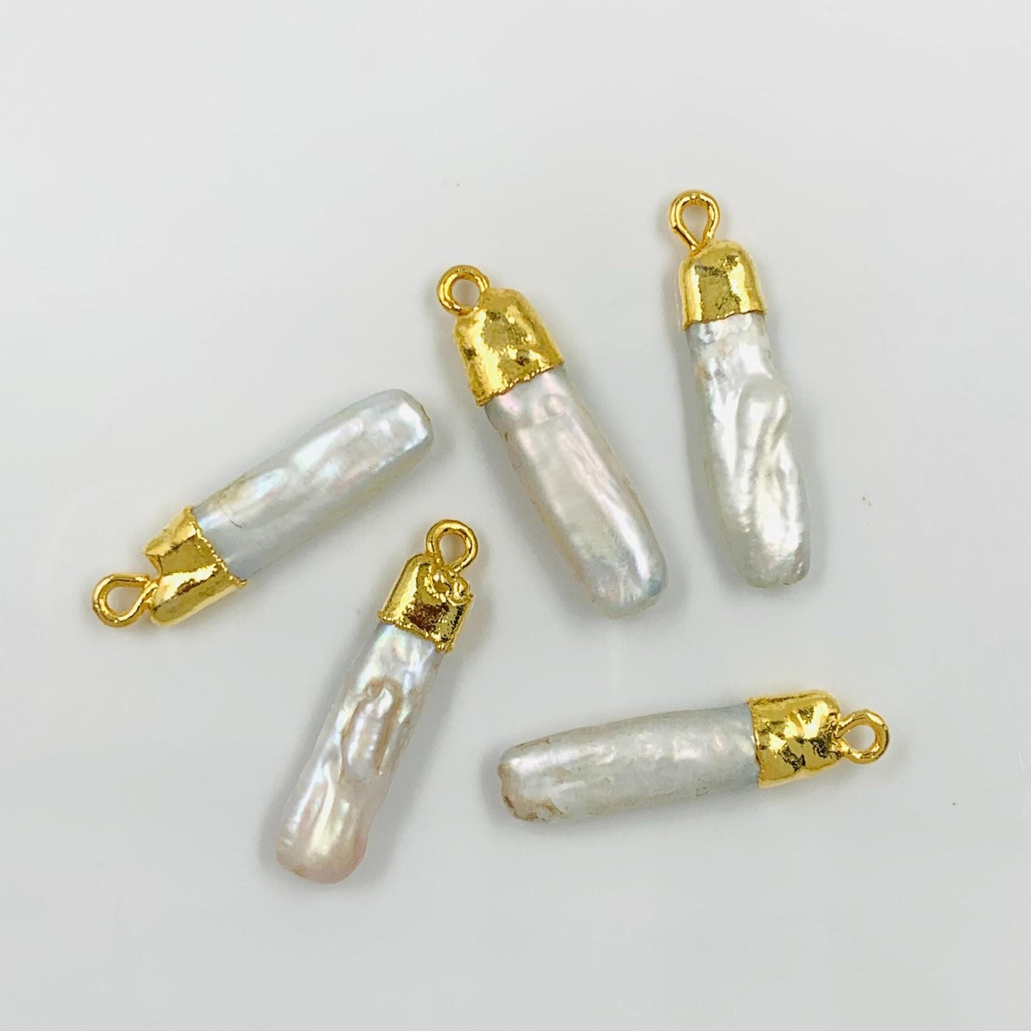 5 Pcs Natural White pearl Barque Shape Gold Bezel Connector Dainty Pearl for wedding Jewelry Size 6x22mm Connectors for pendent gift for her