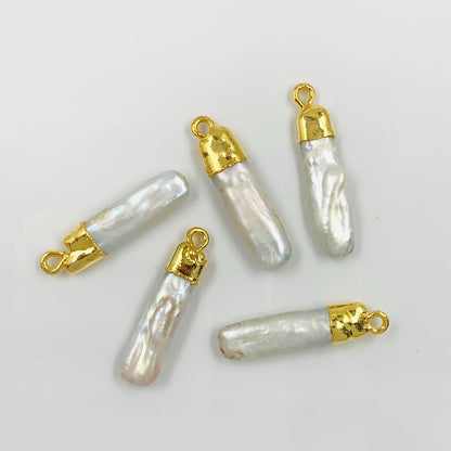 5 Pcs Natural White pearl Barque Shape Gold Bezel Connector Dainty Pearl for wedding Jewelry Size 6x22mm Connectors for pendent gift for her