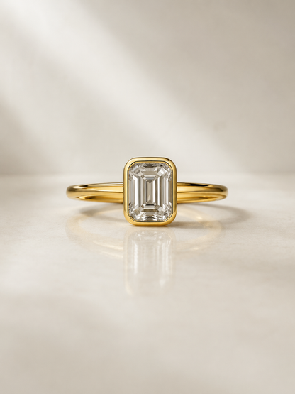Octagon Cut Moissanite Bezel Ring – Solid Gold Solitaire Engagement Ring 9K 14K 18K – Step Cut Wedding Ring