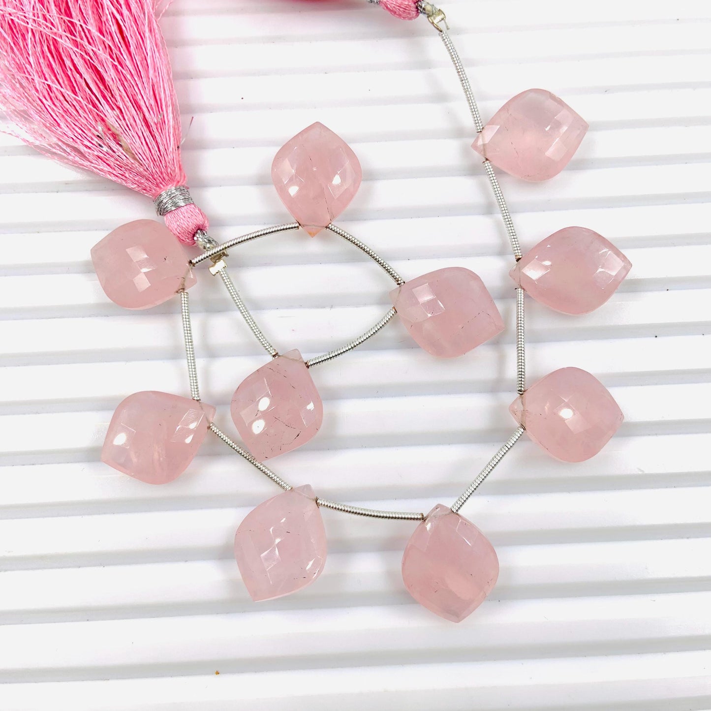 10 Pieces Natural Rose Quartz Carved Fancy Cut Shape Gemstone Briolette Side Drill Beads Line | Faceted Gemstone Beads. BBI1011