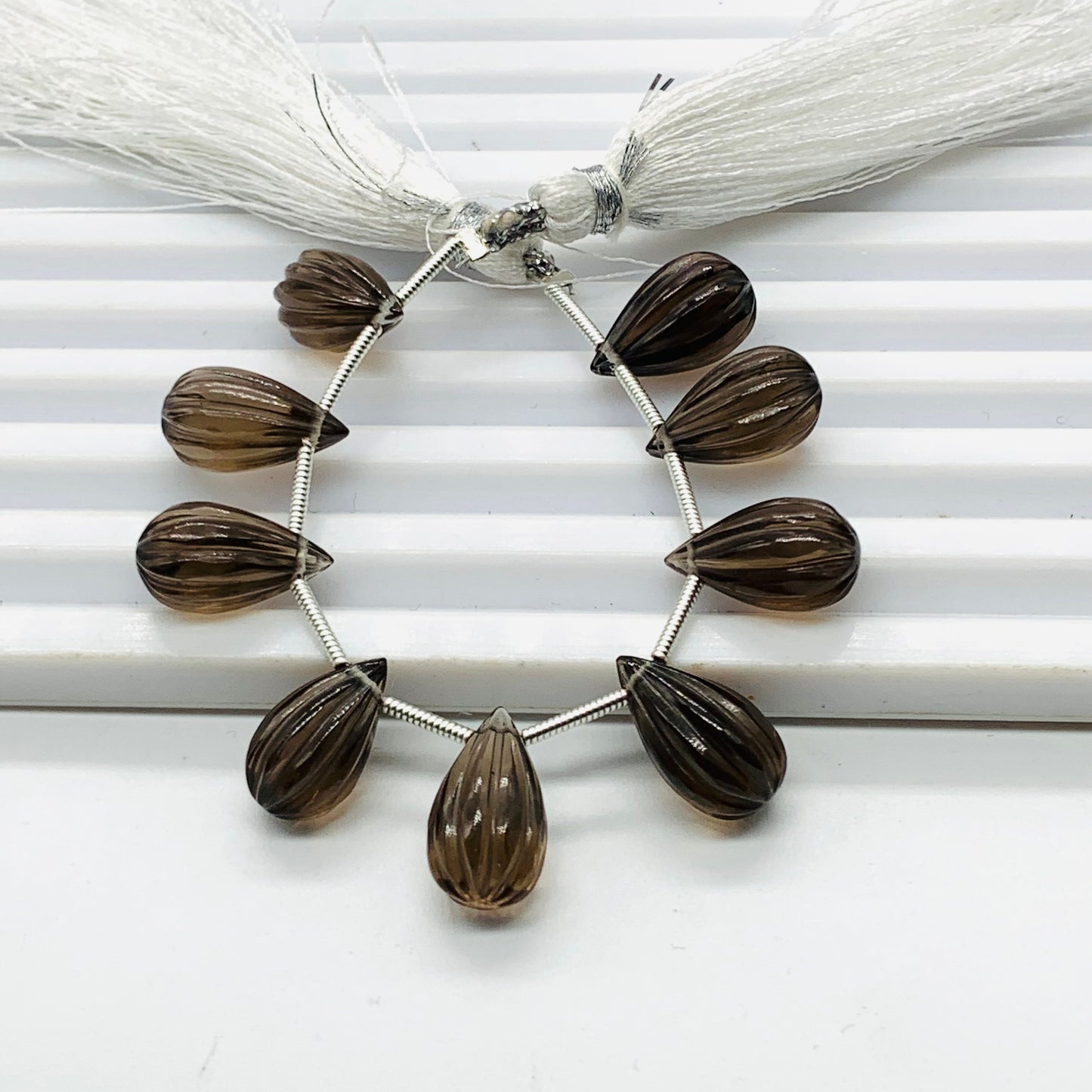 10 Pieces Natural Smoky Quartz Carved Drops Briolette Beads Size 14x8mm Natural Smoky Quartz Faceted Gemstone Tear drops for Jewelry making