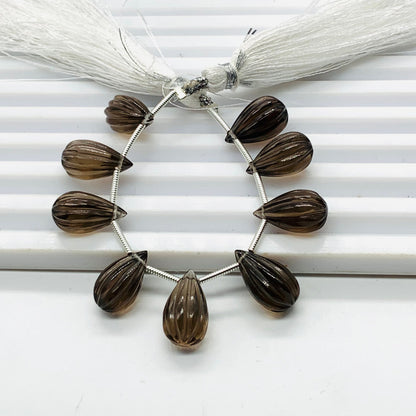 10 Pieces Natural Smoky Quartz Carved Drops Briolette Beads Size 14x8mm Natural Smoky Quartz Faceted Gemstone Tear drops for Jewelry making