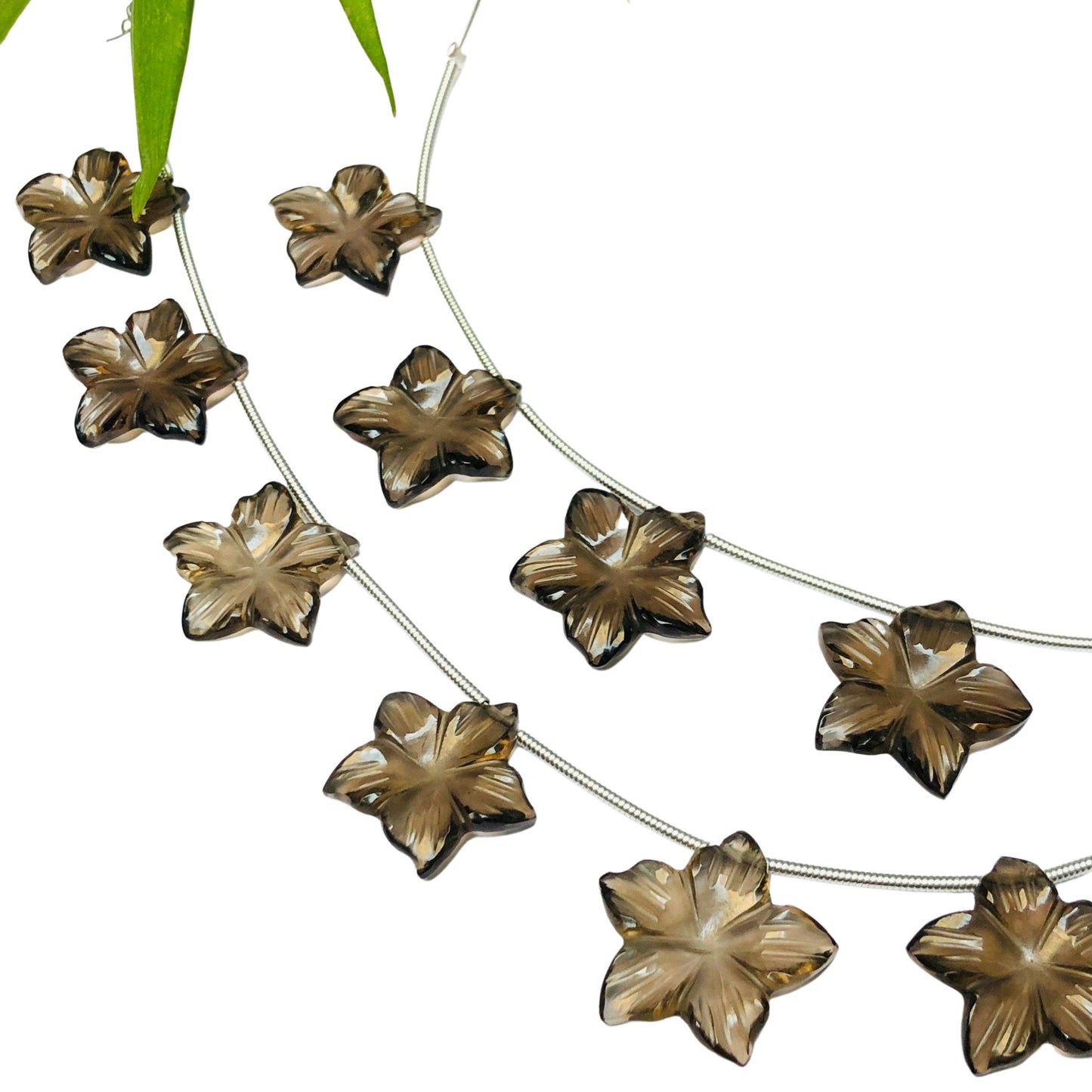 4 Pieces Natural Smoky Quartz Carved Jasmine Flower gemstone Beads Side Drill Beads size 15X15X3 mm Handmade gemstone Beads For Bracelet