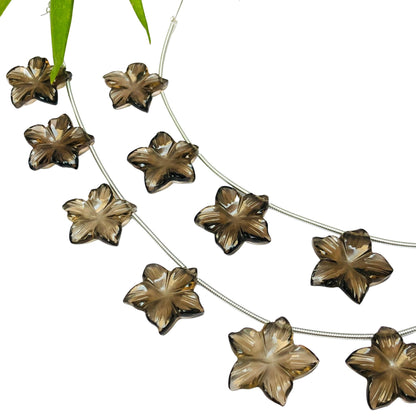 4 Pieces Natural Smoky Quartz Carved Jasmine Flower gemstone Beads Side Drill Beads size 15X15X3 mm Handmade gemstone Beads For Bracelet