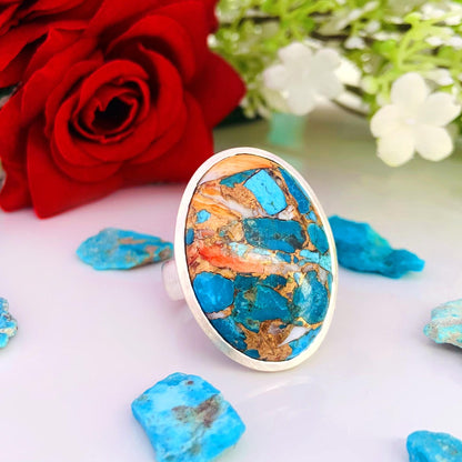 Big Oyster Copper Turquoise Statement Ring - 925 Silver Matte Finish
