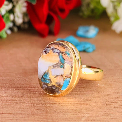 Oyster Turquoise Ring ~ 18k Gold Statement Ring ~ Oval Shape Stone ~ vermeil Gold Ring ~ Ring For Her ~ Chunky Ring ~ R-0084