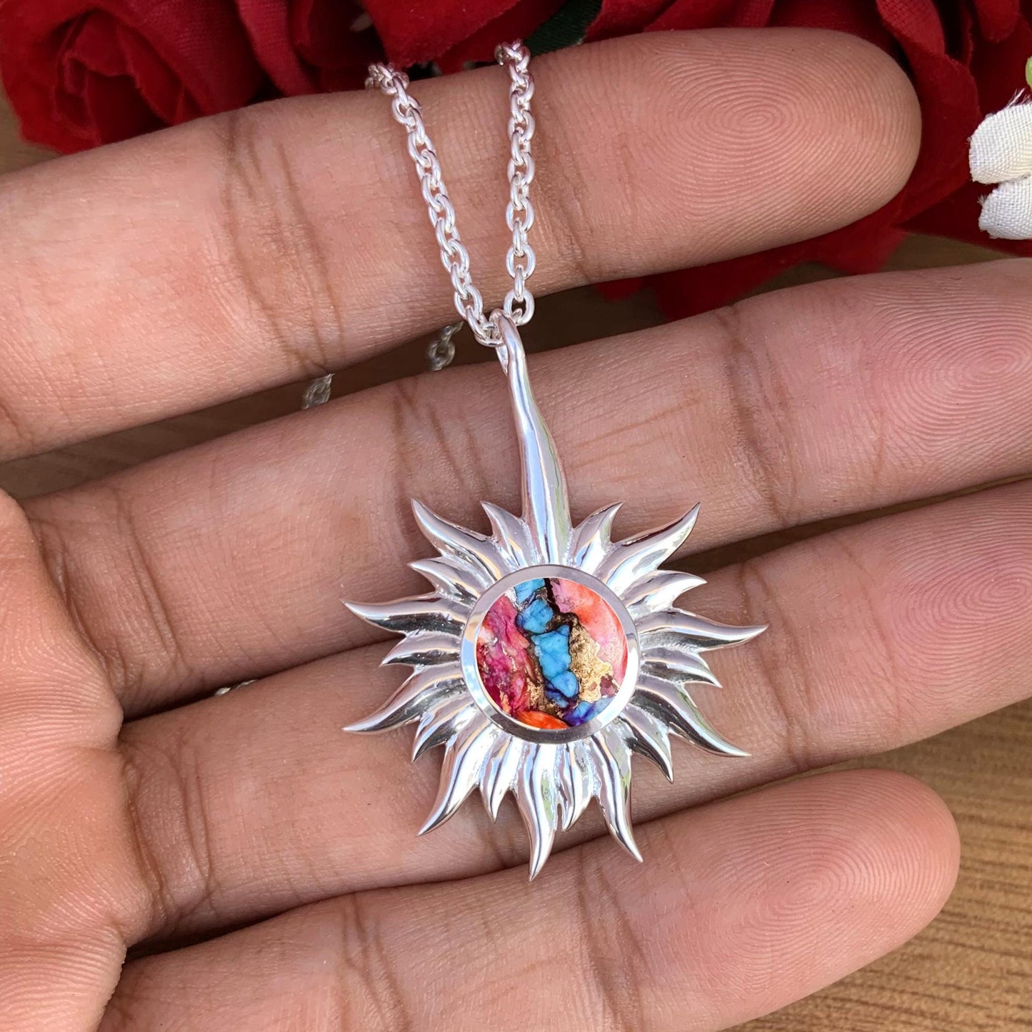 Kingman Pink Dahlia Turquoise Necklace – Celestial Silver Sun Pendant