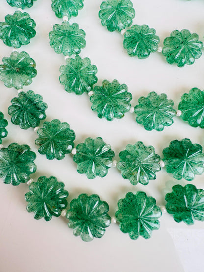 10 Pieces Natural Green Strawberry Carved Flower gemstone Fancy shape Slot Carved Briolette beads for jewelry making Size 14mm to 15mm