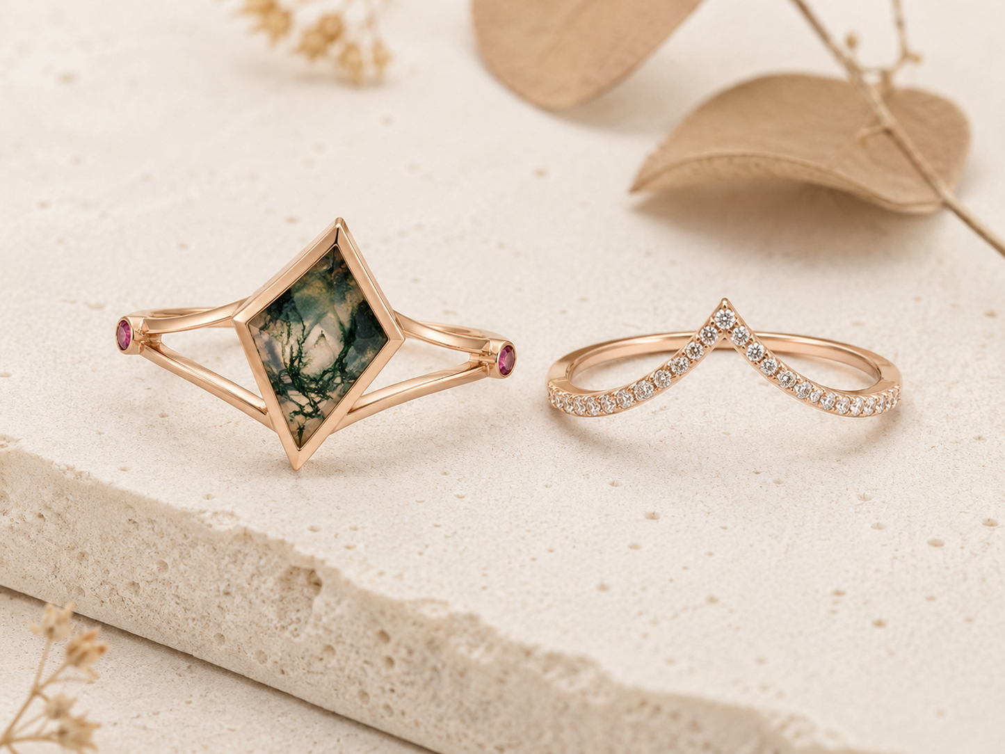 Lab Grown Moss Agate Ring with CZ Accents, Kite Shape Engagement Ring Set in 14K Gold