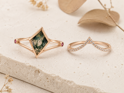 Lab Grown Moss Agate Ring with CZ Accents, Kite Shape Engagement Ring Set in 14K Gold