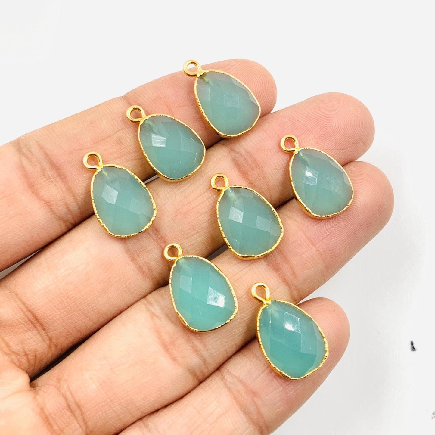 7 Pieces Natural Aqua Chalcedony Faceted Free form Shape Gemstone Gold Bezel Connector Jewelry Making Size 10X14mm Connectors for pendent