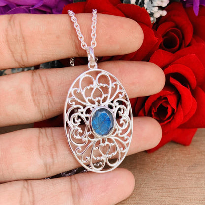 Ornate Silver Pendant ~ Natural Labradorite Necklace ~ Filigree Silver Jewelry ~ Birthday Gift For Mom ~ Promise Necklaces ~ P-0018