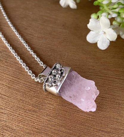 Rough Morganite Necklace – Pink Crystal Sterling Silver Pendant, Gift for Her
