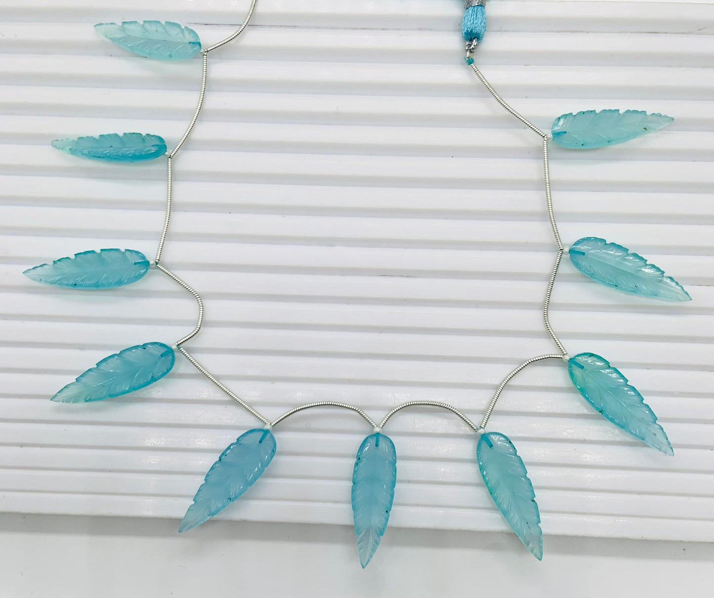 10 Pieces Natural Aqua Chalcedony Leaf Shape Carved Gemstone Beads Briolette, Aqua Chalcedony Gemstone for Jewelry Making Size 30x10x4mm