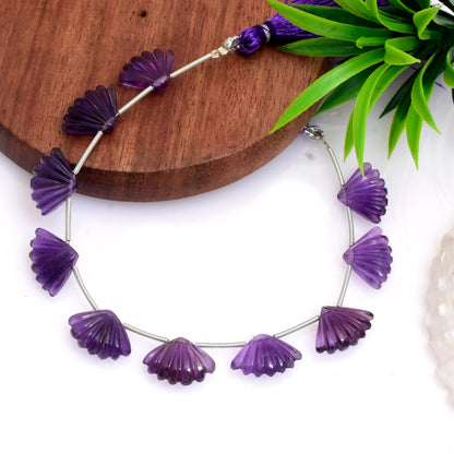 Natural Amethyst Faceted Carved Fan Shape Gemstone Beads 10 Pcs
