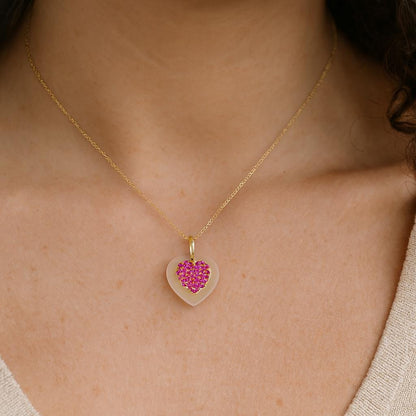 Gold Heart Pendant with Pink CZ Stone Frosted Crystal Heart Charm Necklace for Her