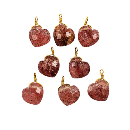 2 Piece Natural Red Strawberry Faceted Heart Shape Gemstone, Single Bail Gold Plated Wire Connector, Size 10mm, Charms & Pendent, SKU-BBI331