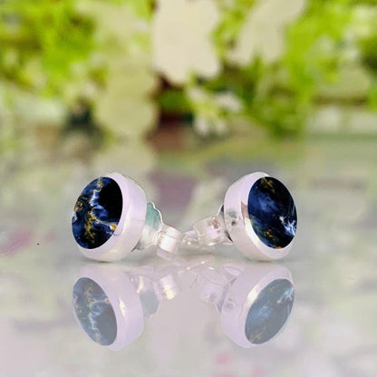 Pietersite Stud Earrings ~ Round Blue Gemstone Earrings ~ Sterling Silver Minimalist Studs ~ Dainty Natural Stone Jewelry ~ Gift for Her