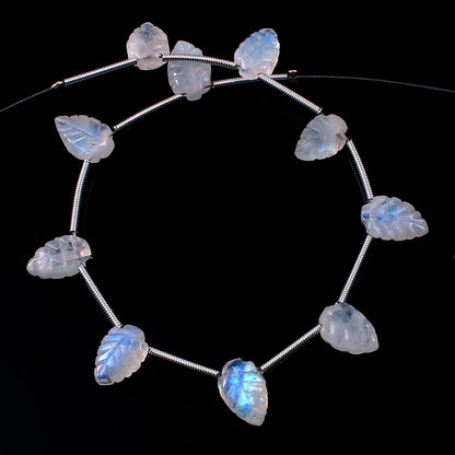 10 pcs Natural Flashy Blue Rainbow Moonstone Leaf Shape Carved Gemstone Beads Briolette ,White Rainbow Gemstone jewelry 7mmX10mm BBI923
