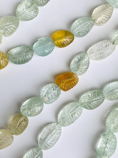 Natural Multi Aquamarine Carved Leaf Tumble Briolette Gemstone Beads 8x11mm to 9x14mm