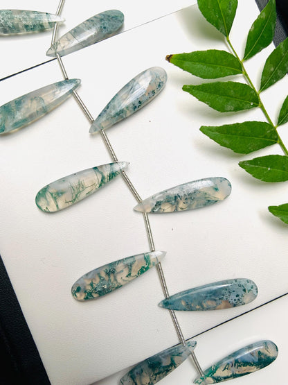 10 Pieces Natural Moss agate Smooth Long Pear Shape Side drill Gemstone, Size 8x30mm, Matching Pair Briolette, Earring Making gemstone beads
