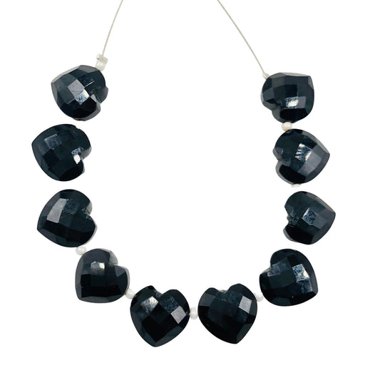 Black Onyx 10mm Hand Carved Heart Beads | Faceted Gemstone Briolette