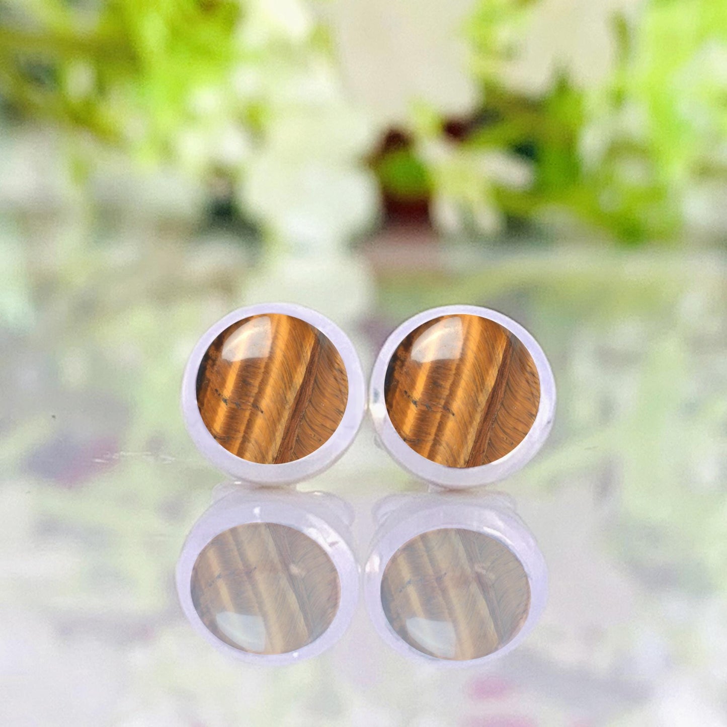 Natural Tiger's Eye Dainty Studs Earring ~ Silver & Gold Silver Studs ~ Simple small studs ~ Round Shape Brown Stone ~ Gift For Her ~ E-0032