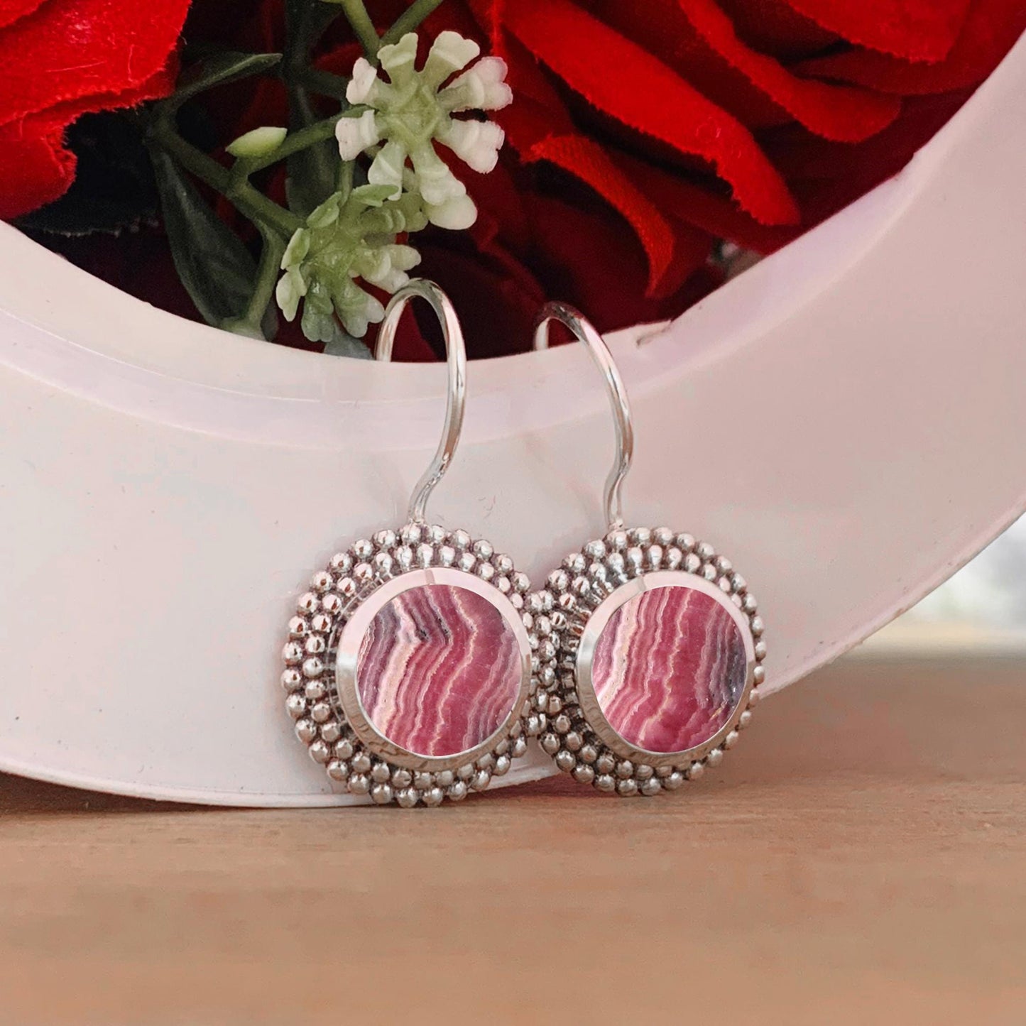 Natural Pink Rhodochrosite Dangle Earrings - 925 Sterling Silver Gemstone Jewelry