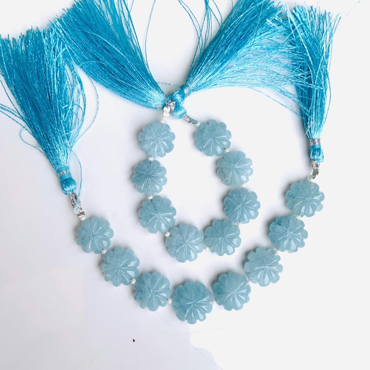 Natural Aquamarine Carved Flower Briolette Beads 14–15mm Fancy Gemstone