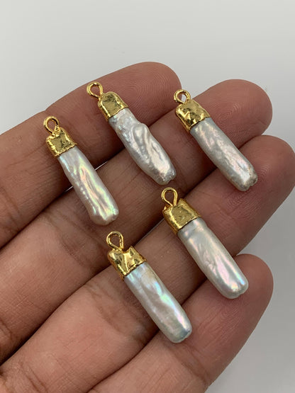 5 Pcs Natural White pearl Barque Shape Gold Bezel Connector Dainty Pearl for wedding Jewelry Size 6x22mm Connectors for pendent gift for her