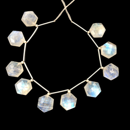 10 Pieces Natural White Rainbow Moonstone Faceted Hexagon Shape Beads , Top Face Drill , Jewelry Making Gemstone , SKU - BBI1080
