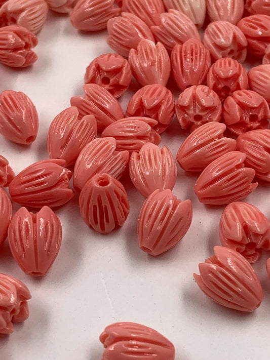 Pink Coral Flower Beads – 10pcs Carved Jasmine Buds 8x10mm