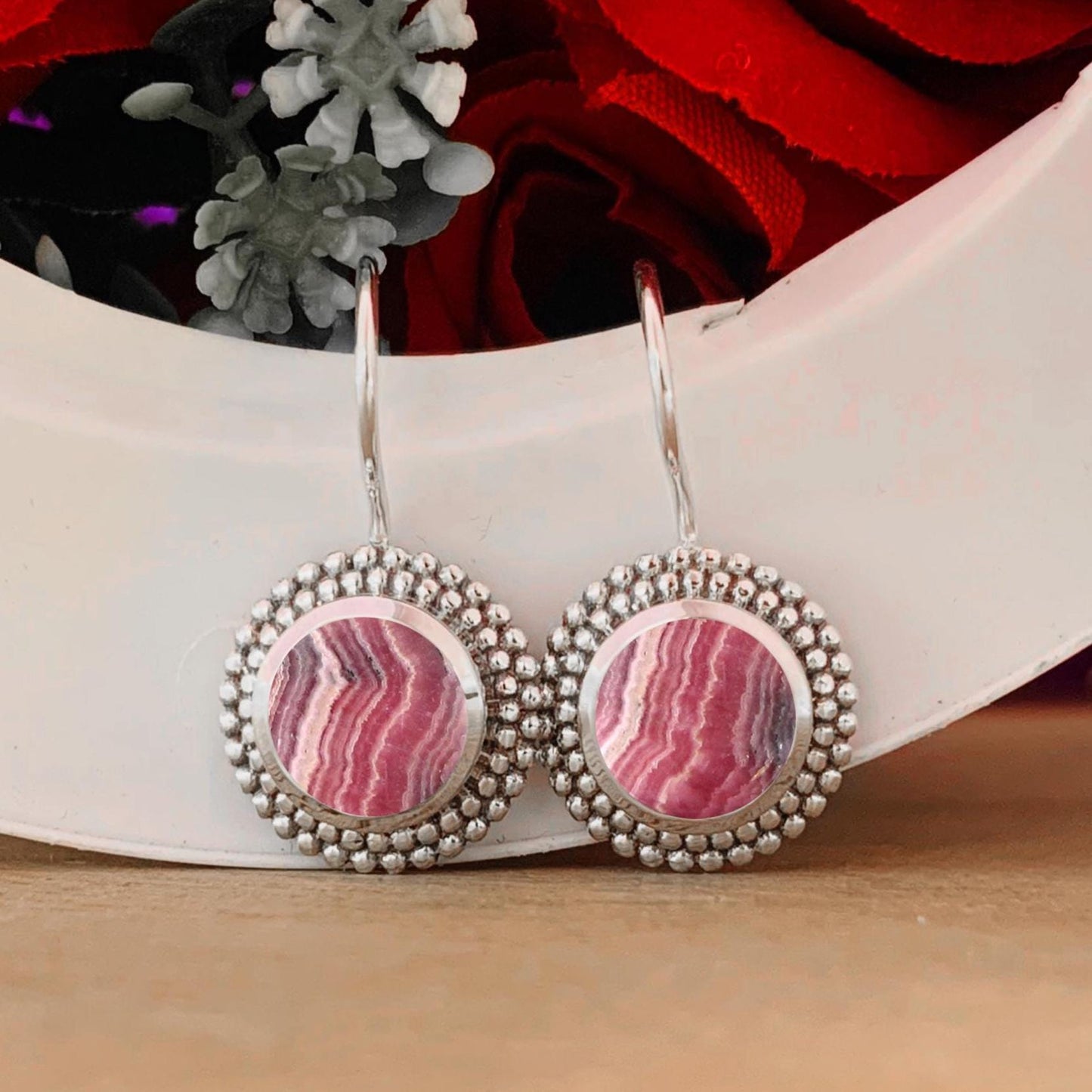 Natural Pink Rhodochrosite Dangle Earrings - 925 Sterling Silver Gemstone Jewelry