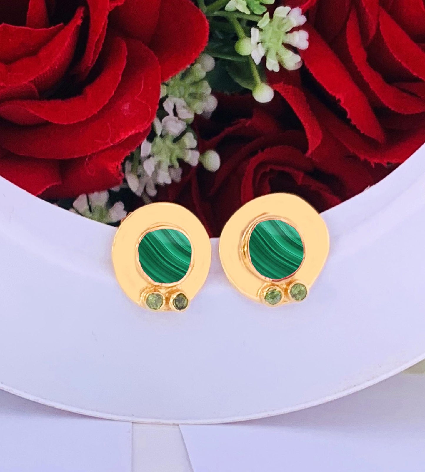 Gold Malachite Stud Earrings ~ Vermeil Gold and Silver Earrings ~ Malachite and Tourmaline ~ Dainty Stud Earrings ~ Handmade Jewelry ~ E-059