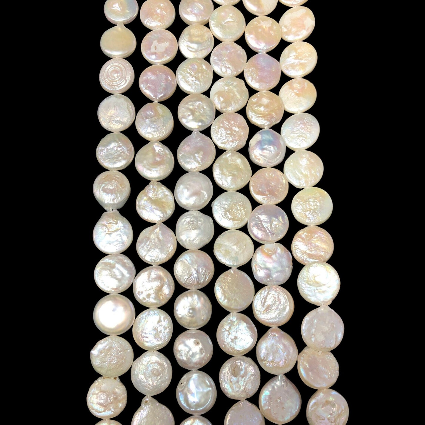 AAA Natural fresh water pearl. 13mm coin shape pearl. Real nice quality. Beautiful natural white color pearl bead. Full strand 15”