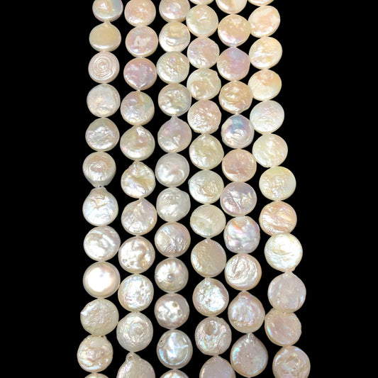 AAA Natural fresh water pearl. 13mm coin shape pearl. Real nice quality. Beautiful natural white color pearl bead. Full strand 15”