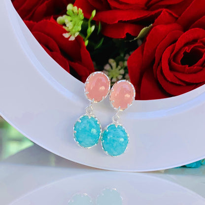 Rose Quartz & Amazonite Drop Earrings – Sterling Silver Dangle Studs for Women