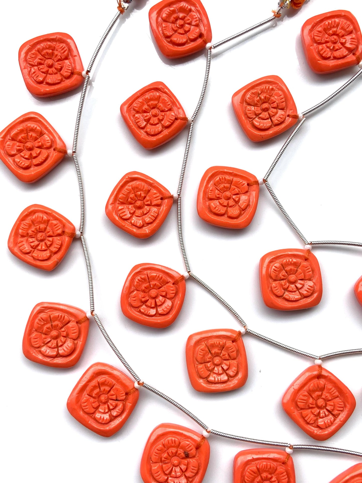 Red Coral Carved Cushion Flower Briolette Beads – 8pcs 17x17x5mm