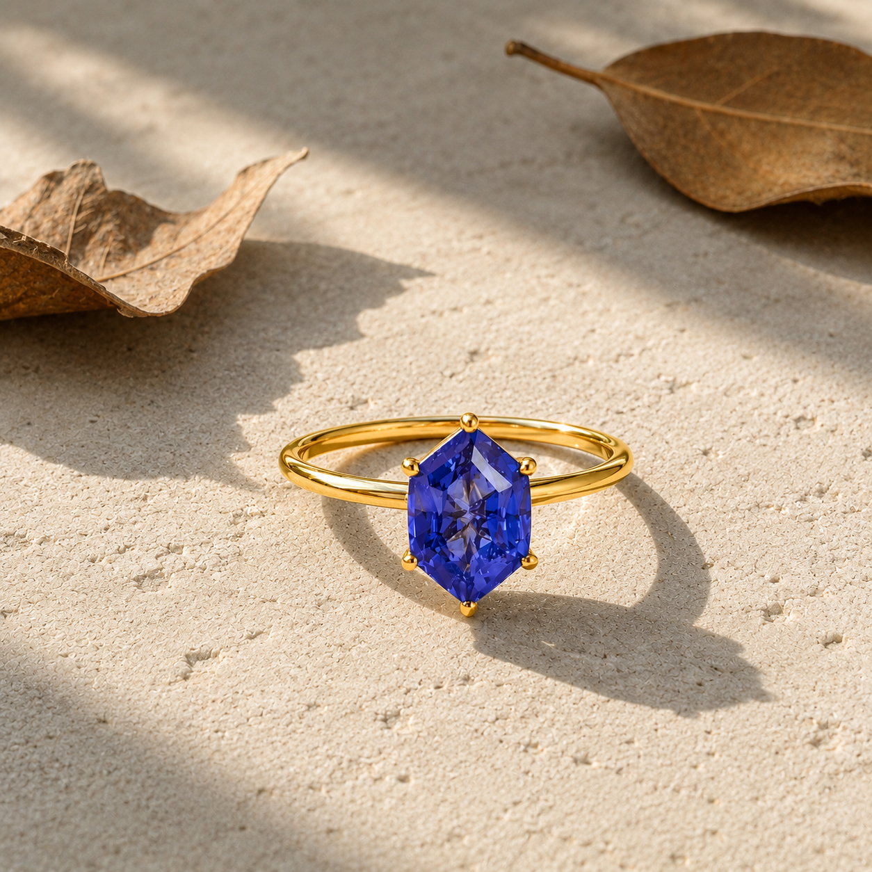 Lab Grown Tanzanite Engagement Ring in 14K Gold, Elongated Hexagon Solitaire