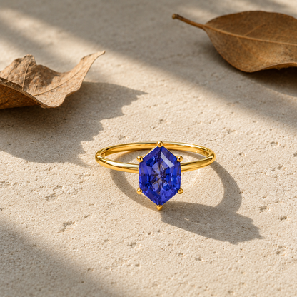 Lab Grown Tanzanite Engagement Ring in 14K Gold, Elongated Hexagon Solitaire