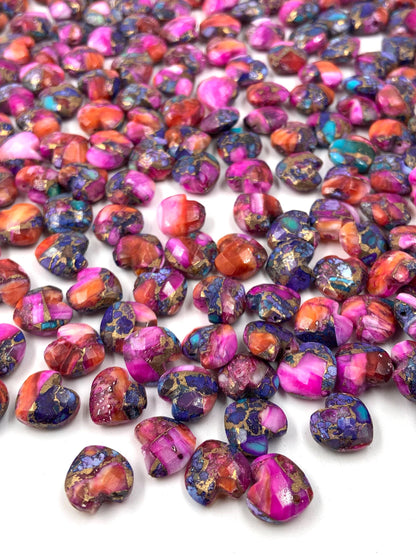 Natural Pink Spiny Oyster Copper Turquoise Hand Carved Heart Shape Loose Gemstone Beads , Carved Heart Shape Gemstone Briolette Size 10mm