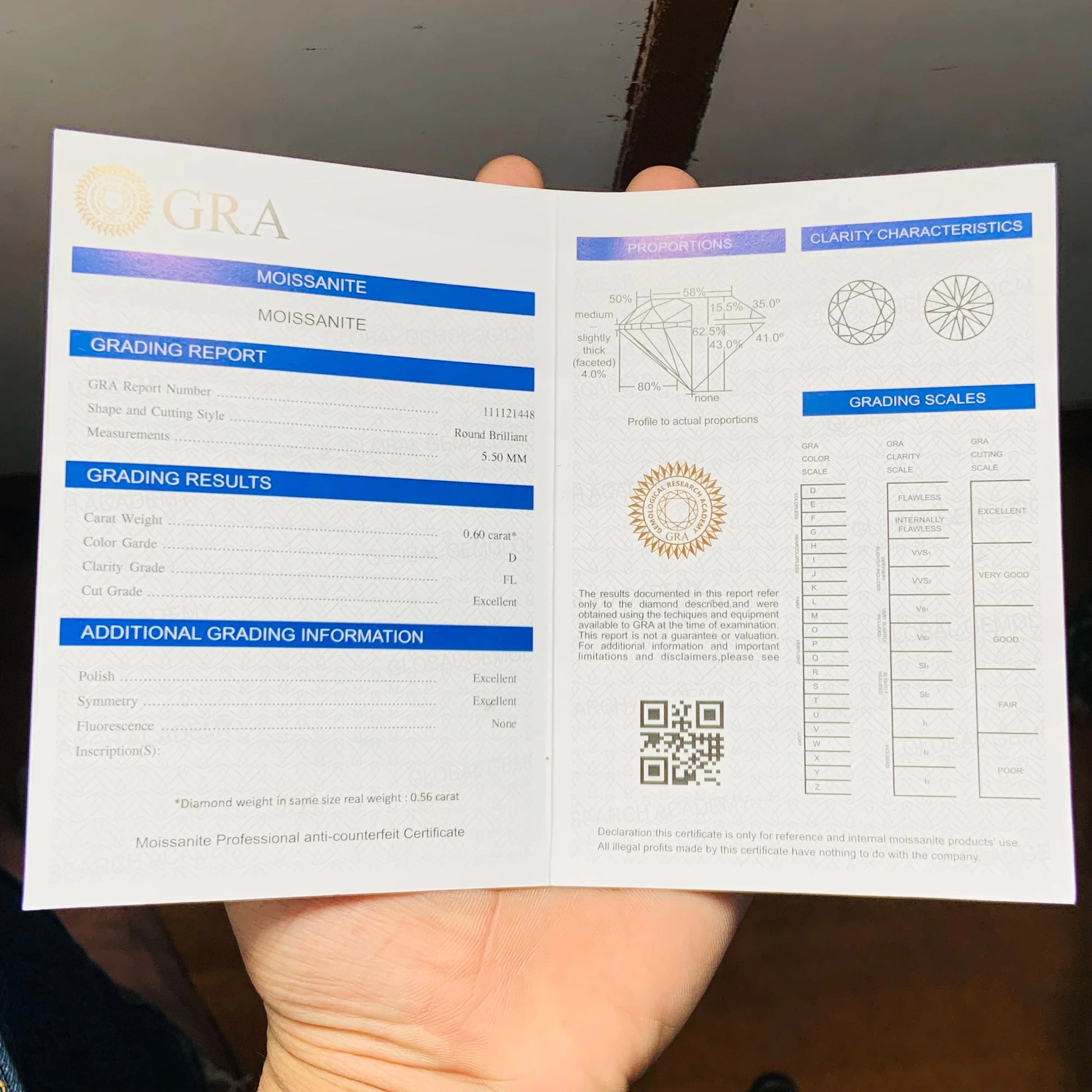 Hand holding GRA moissanite gemstone grading certificate with detailed report and grading scales.
