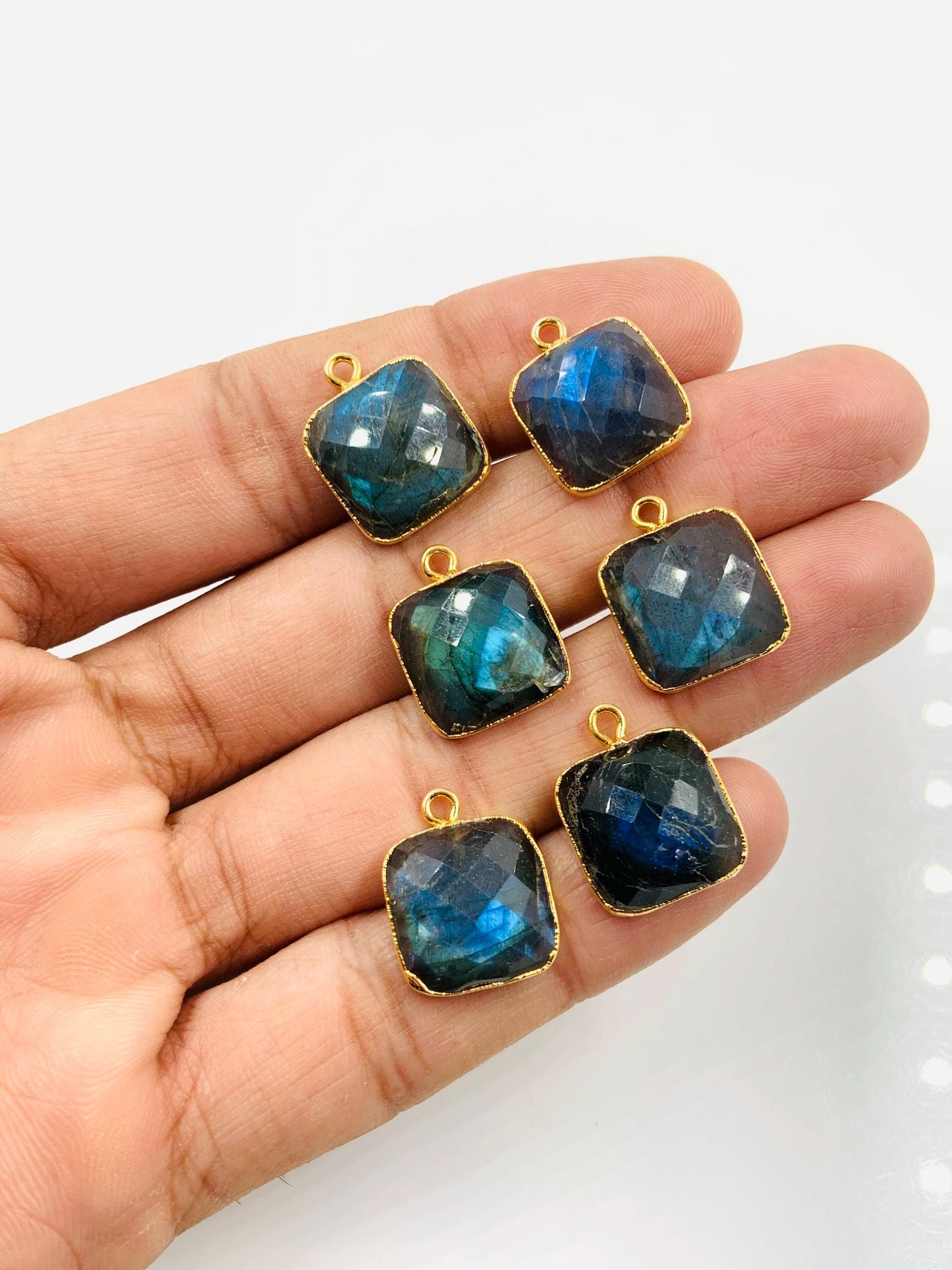 6 Pieces Natural Blue flashy Labradorite Faceted Square Shape Gemstone Gold Bezel Connector Jewelry Making Size 14mm Connectors for pendent
