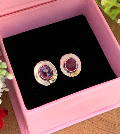 Ruby Studs Earrings ~ Minimalist Silver Stud Earrings ~ Rustic artisan jewelry ~ Pink Ruby Birthstone Earrings ~ Gift For Her ~ E-0047